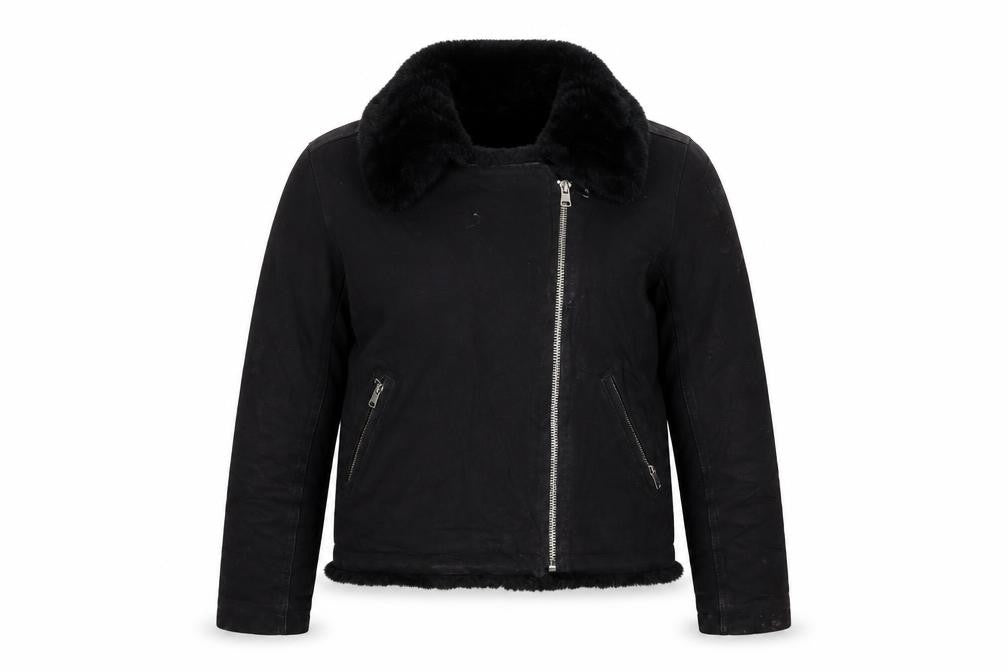 Front view of ASOS women’s black biker jacket, size UK 12, zip