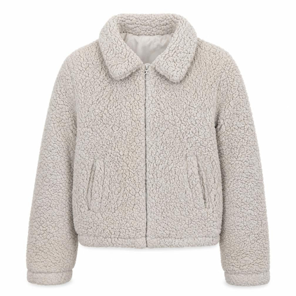 Front view of New Look girls’ beige bomber jacket jacket, size 14-15, years zip