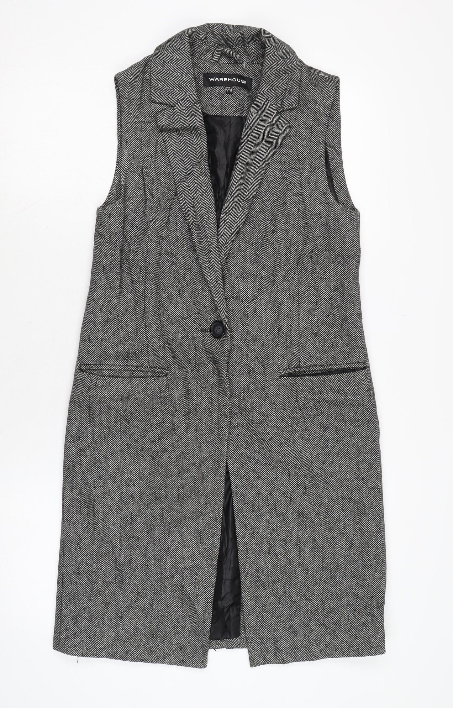 Warehouse Womens Black Herringbone Gilet Waistcoat Size 6 Button