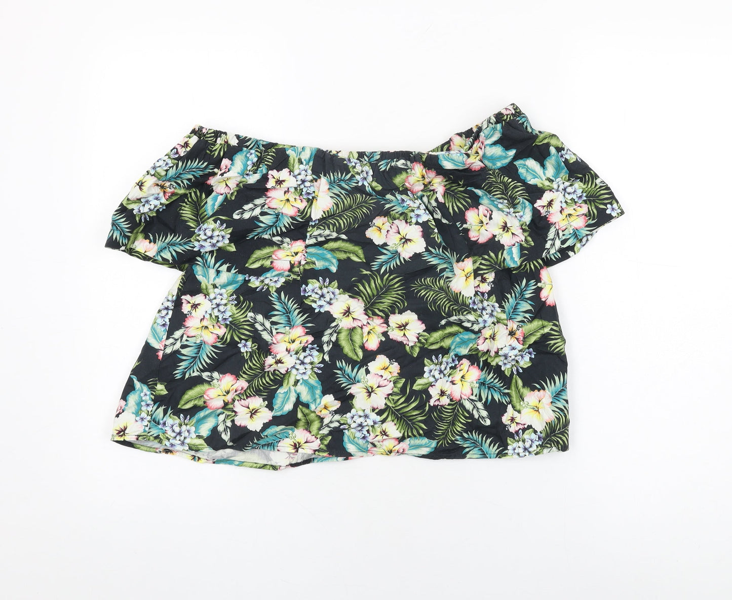 Topshop Womens Black Floral Cotton Basic T-Shirt Size 8 Off the Shoulder