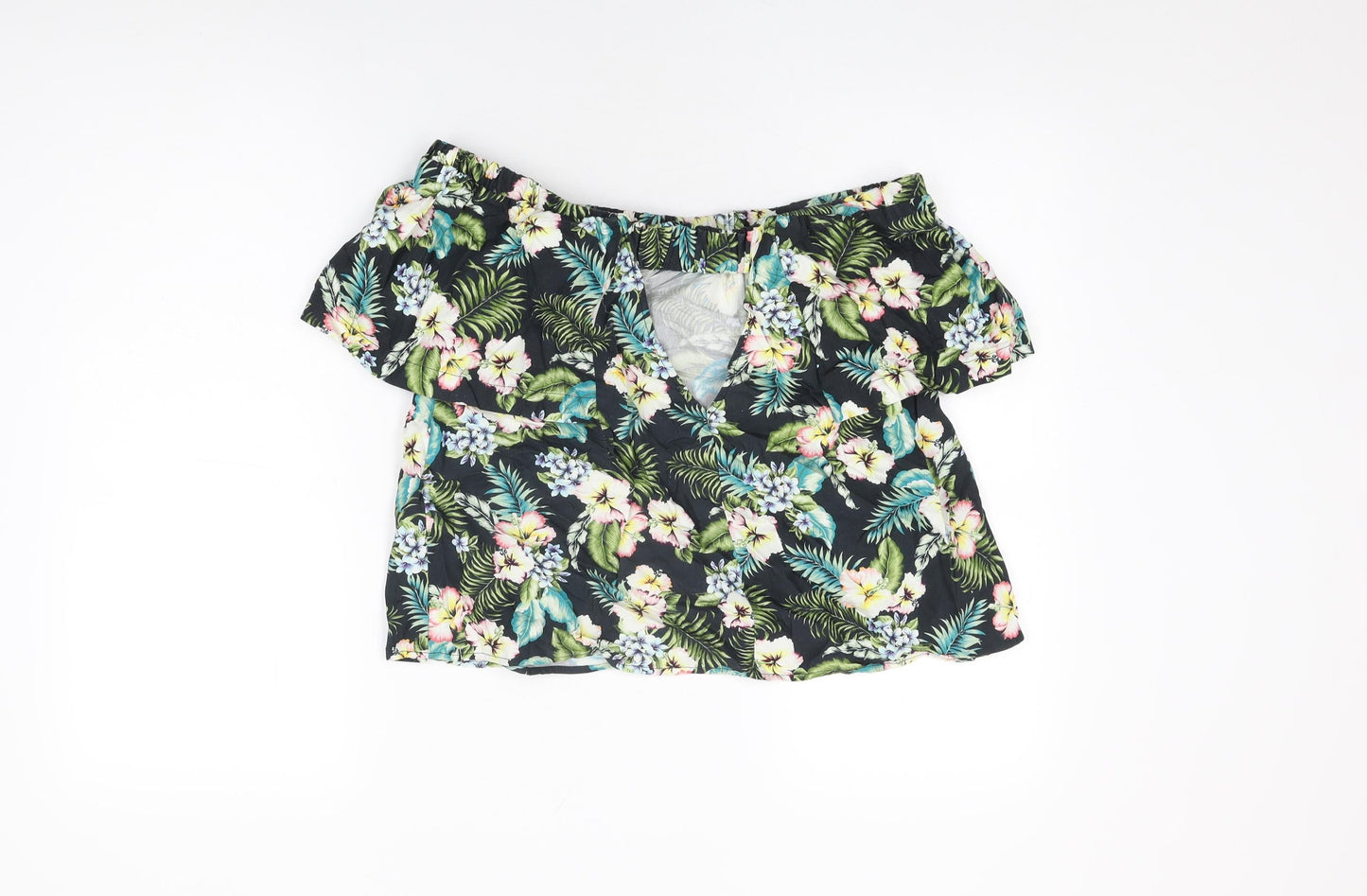Topshop Womens Black Floral Cotton Basic T-Shirt Size 8 Off the Shoulder