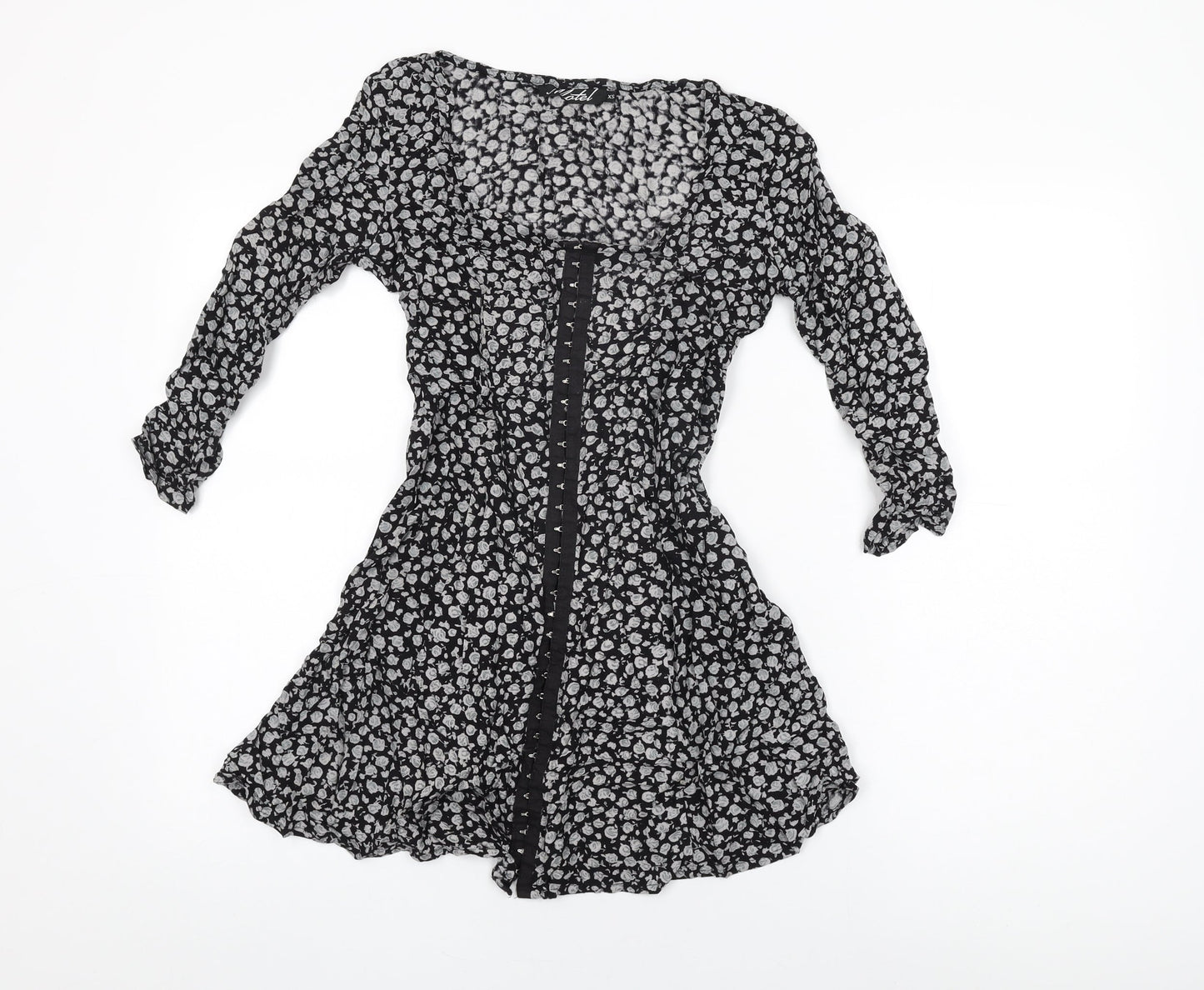 Motel Womens Black Floral Viscose Skater Dress Size XS Square Neck Hook & Eye