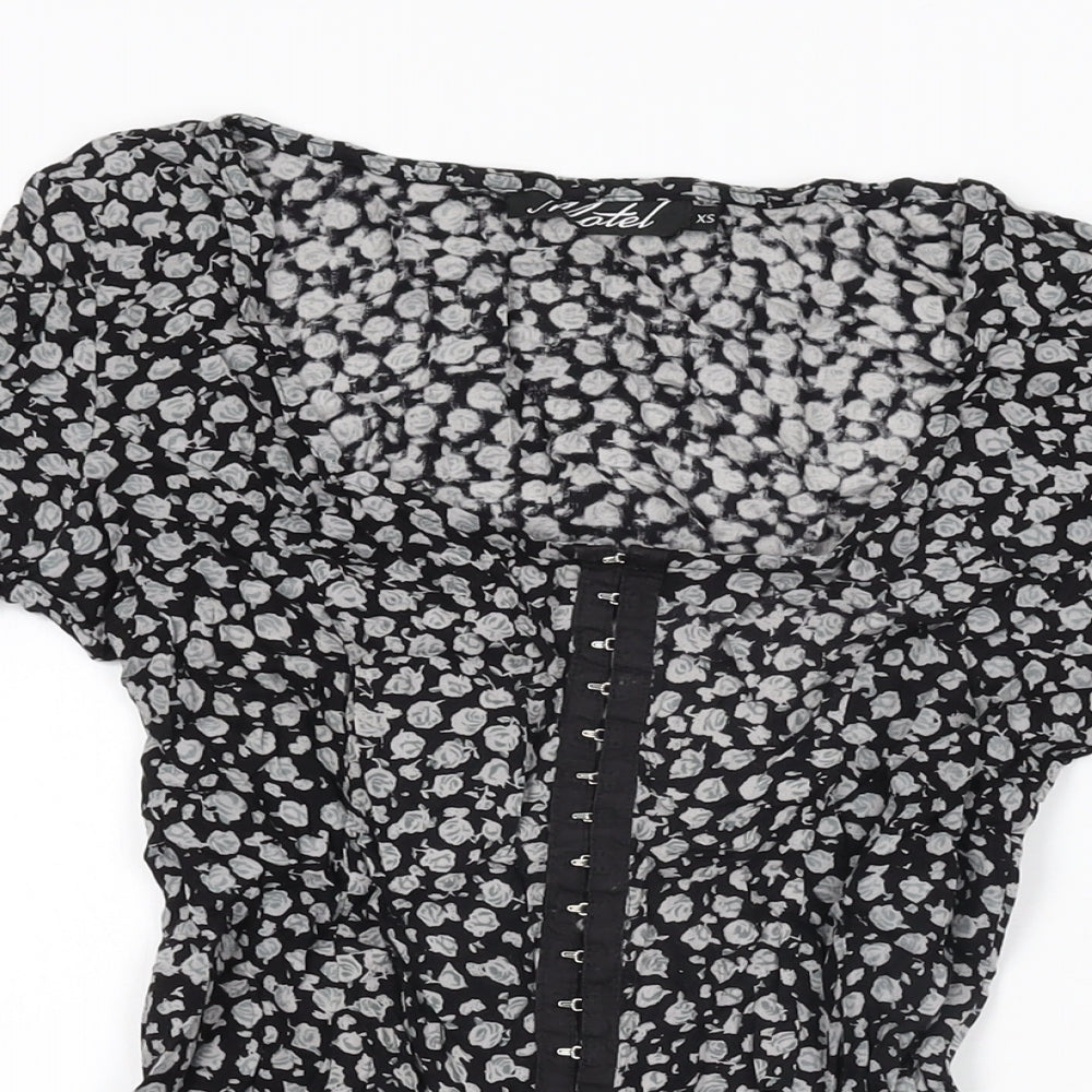 Motel Womens Black Floral Viscose Skater Dress Size XS Square Neck Hook & Eye