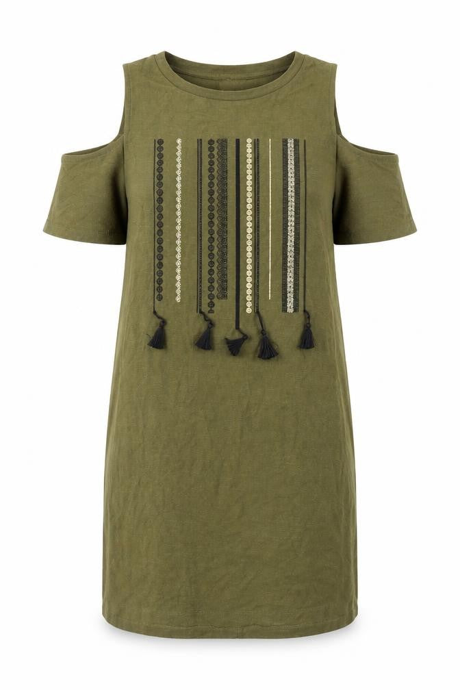 River Island Womens Green Geometric Cotton Shift Size 10 Round Neck - Cold shoulder