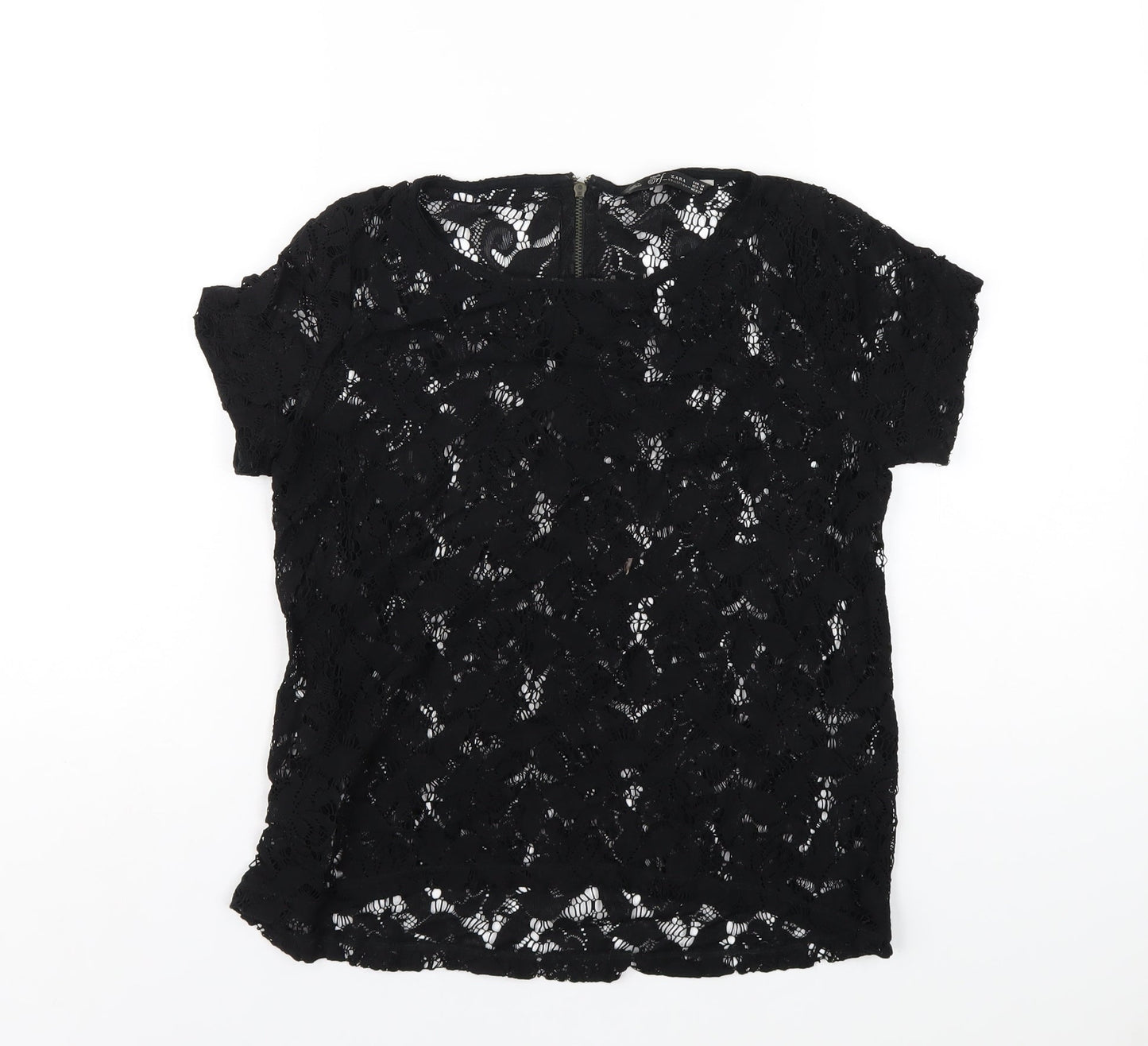 Zara Womens Black Polyester Basic T-Shirt Size M Round Neck
