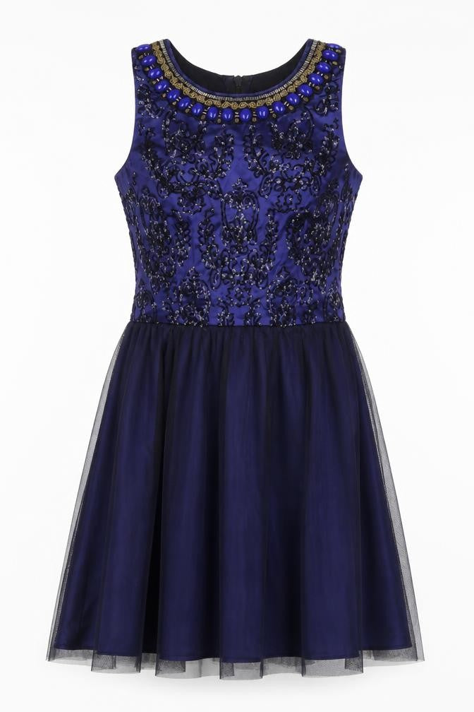 Front view of Be Beau women’s blue polyester a-line, size UK 10, round neck zip