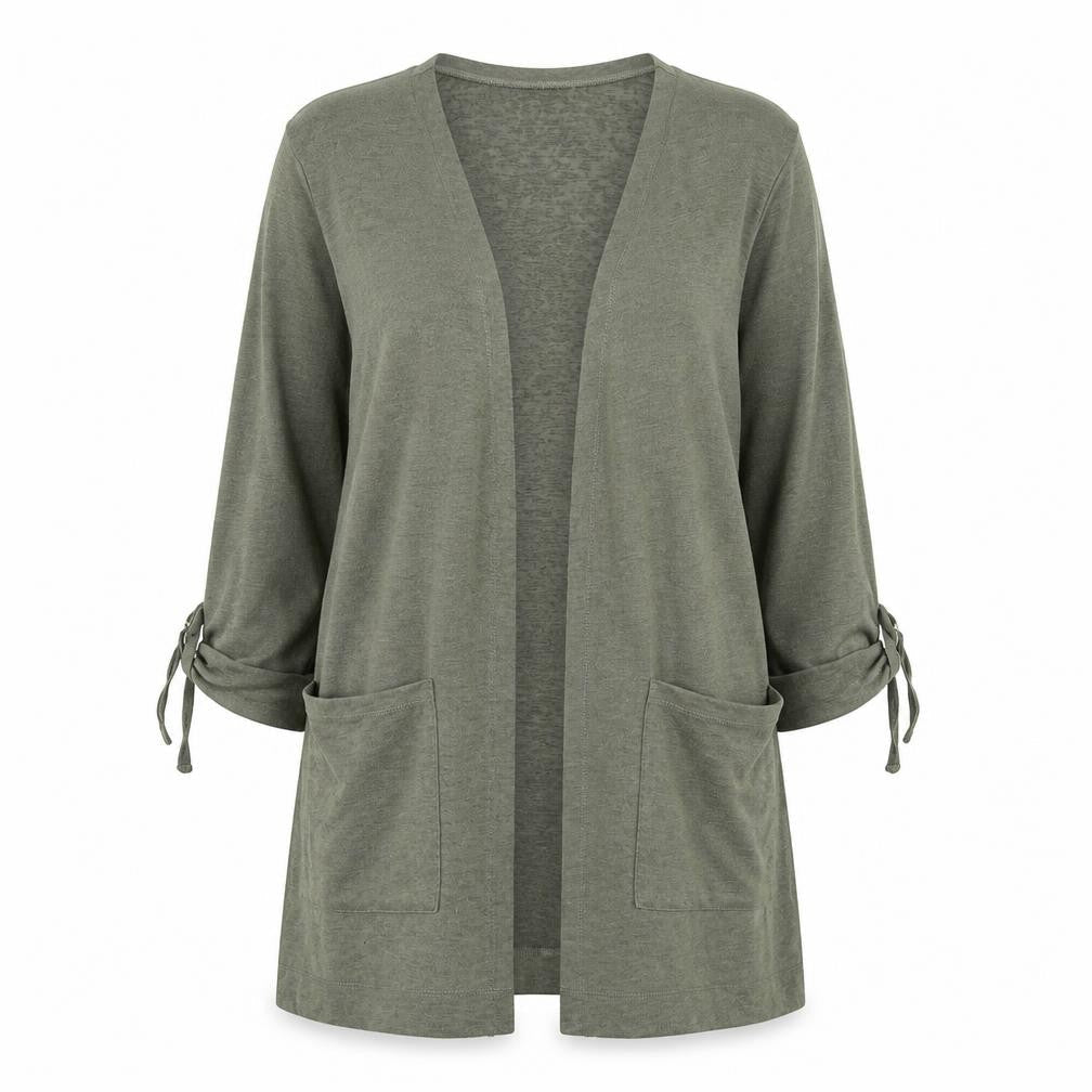 Front view of Principles women’s green v-neck polyester cardigan jumper, size UK 12