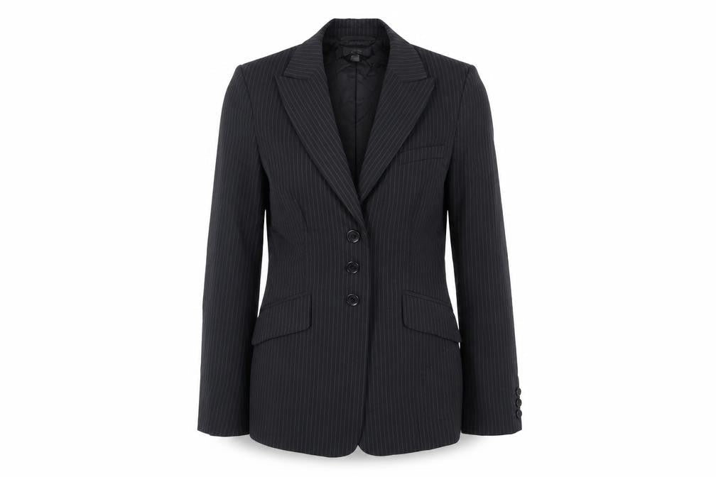Front view of Mexx women’s black striped jacket blazer, size UK 10, button