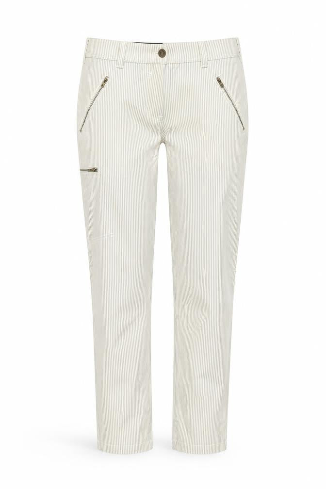 Next Womens Beige Striped Cotton Trousers Size 12 L28 in Regular Button