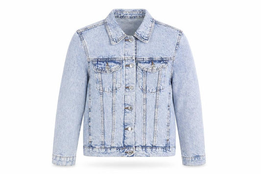 Front view of Denim & Co. women’s blue jacket, size UK 12, button