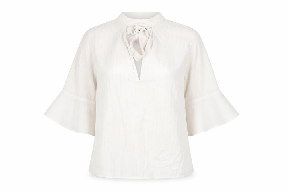Front view of Miss Selfridge women’s beige striped polyester basic blouse, size UK 10, v-neck