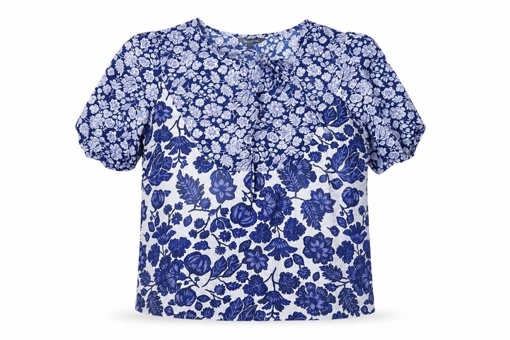 Bonmarché Womens Blue Geometric Polyester Basic Blouse Size 14 Round Neck