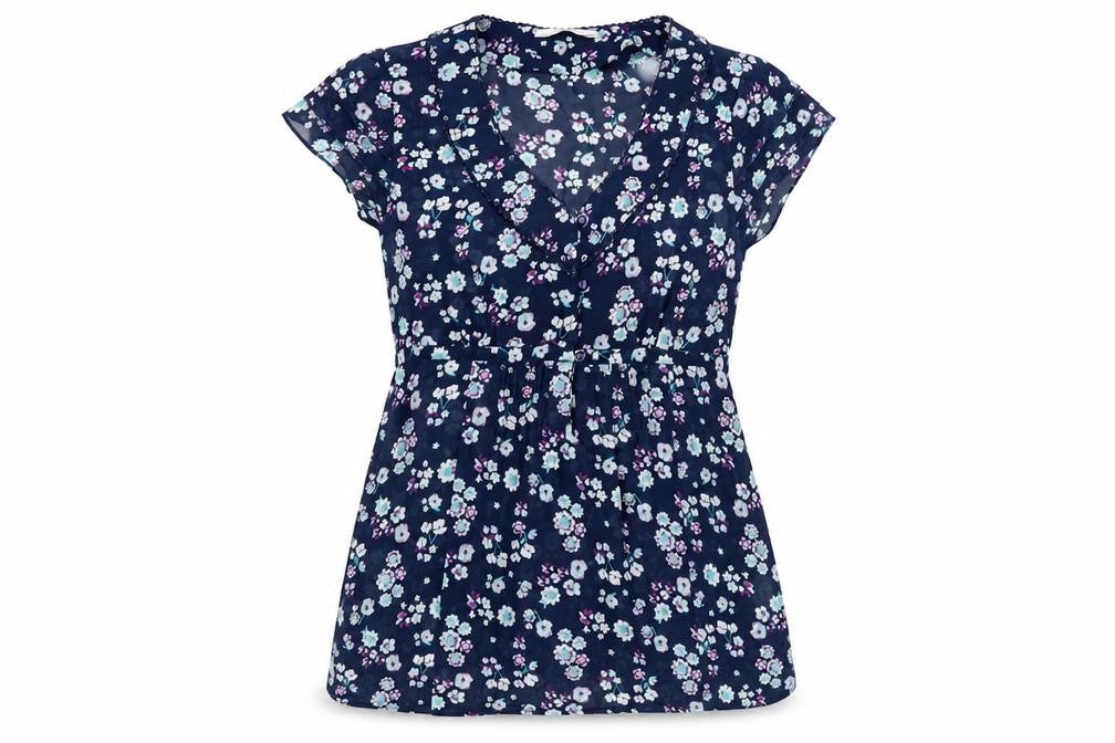 Editions Womens Blue Floral Polyester Basic Blouse Size 10 V-Neck