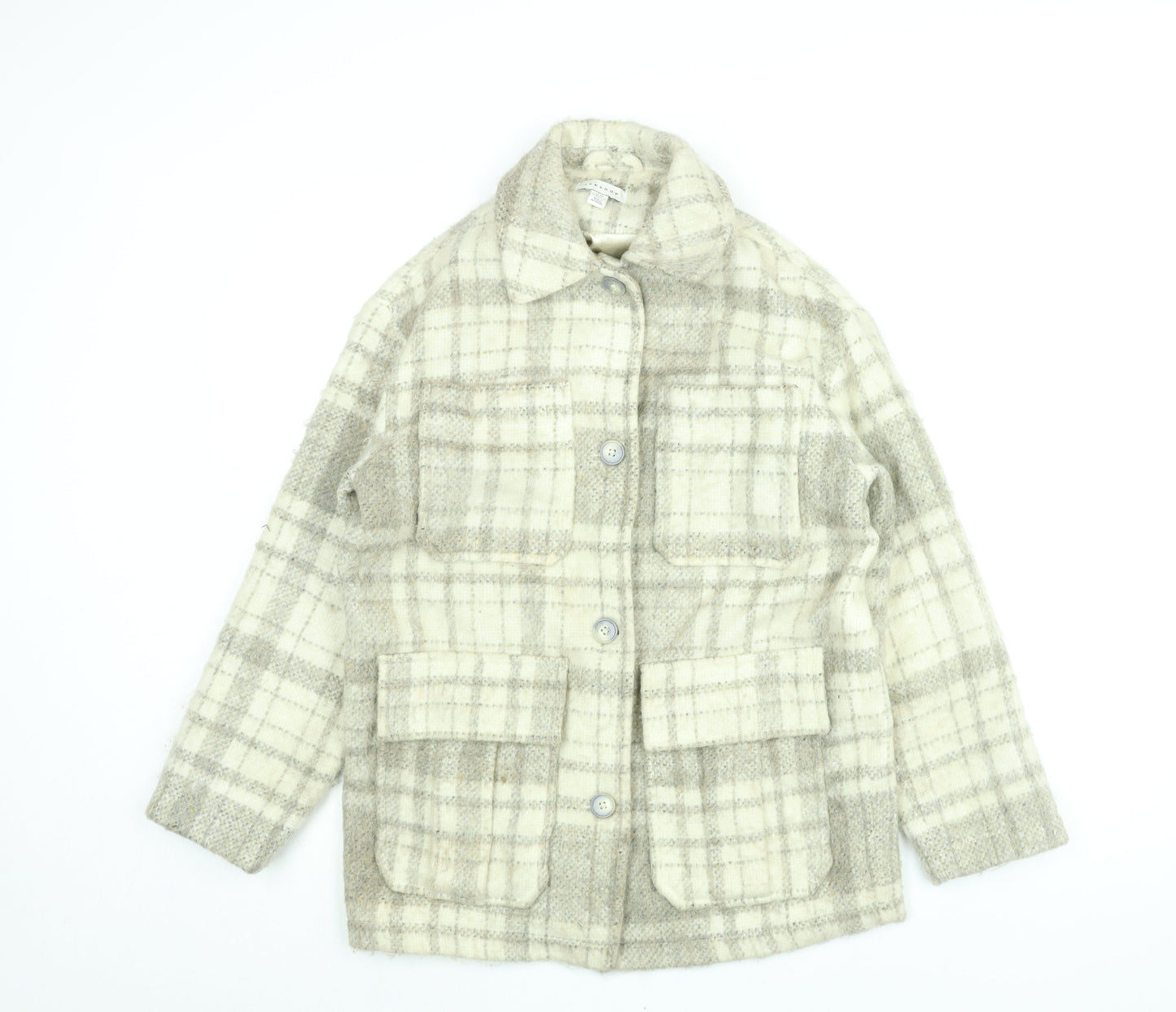 Topshop Womens Beige Plaid Pea Coat Coat Size XS Button
