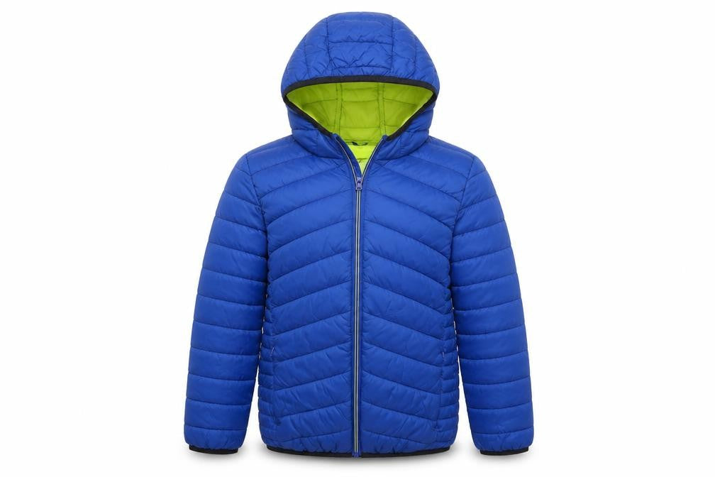 Front view of Marks & Spencer boys’ blue ikat puffer jacket jacket, size 9-10, years