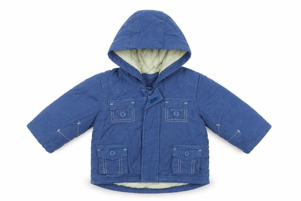 Front view of Mothercare boys’ blue jacket coat, size 3-6, months