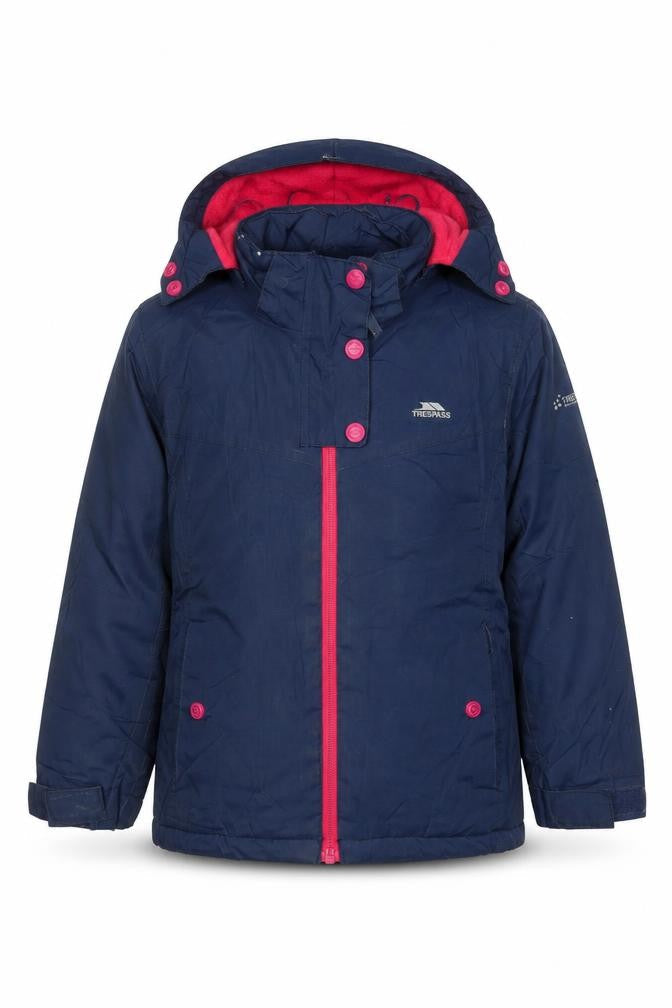 Front view of Trespass girls’ blue jacket, size 3-4, years zip - bmw