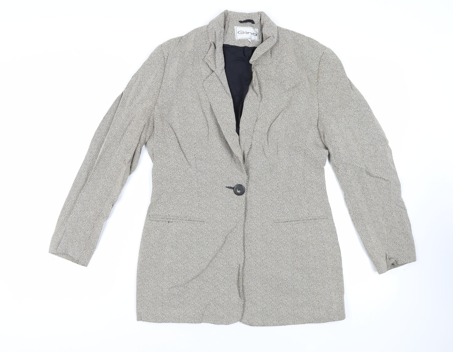 Gina Womens Beige Herringbone Jacket Blazer Size 12 Button