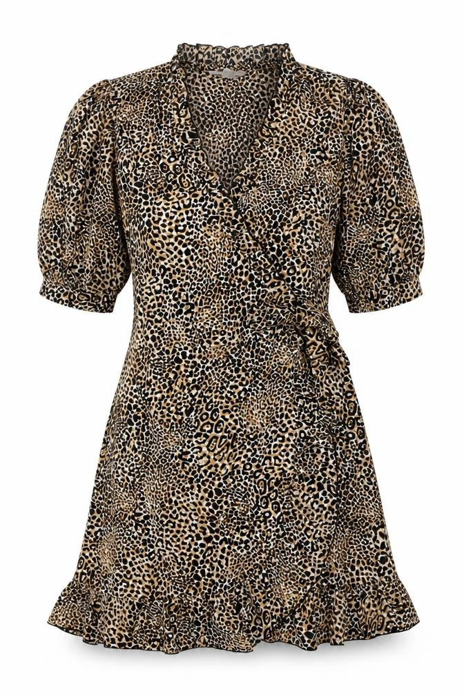 Topshop Womens Brown Animal Print Polyester Wrap Dress Size 12 V-Neck Tie