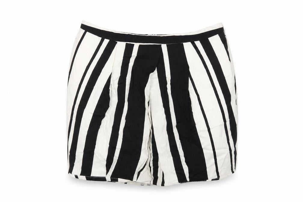 Front view of ASOS women’s black striped cotton mini skirt, size UK 12, zip