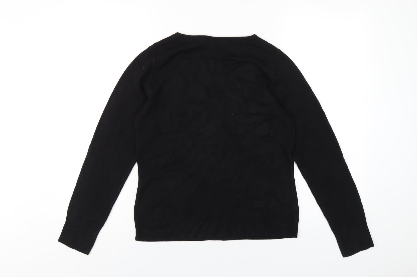 BHS Womens Black Acrylic Basic T-Shirt Size 12 V-Neck - Beaded Neckline