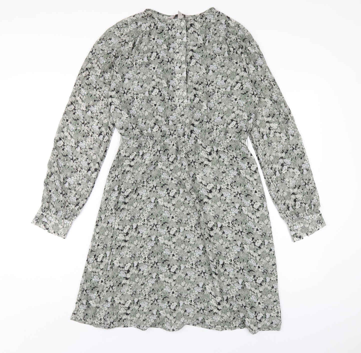 H&M Womens Green Floral Polyester A-Line Size S Round Neck Button