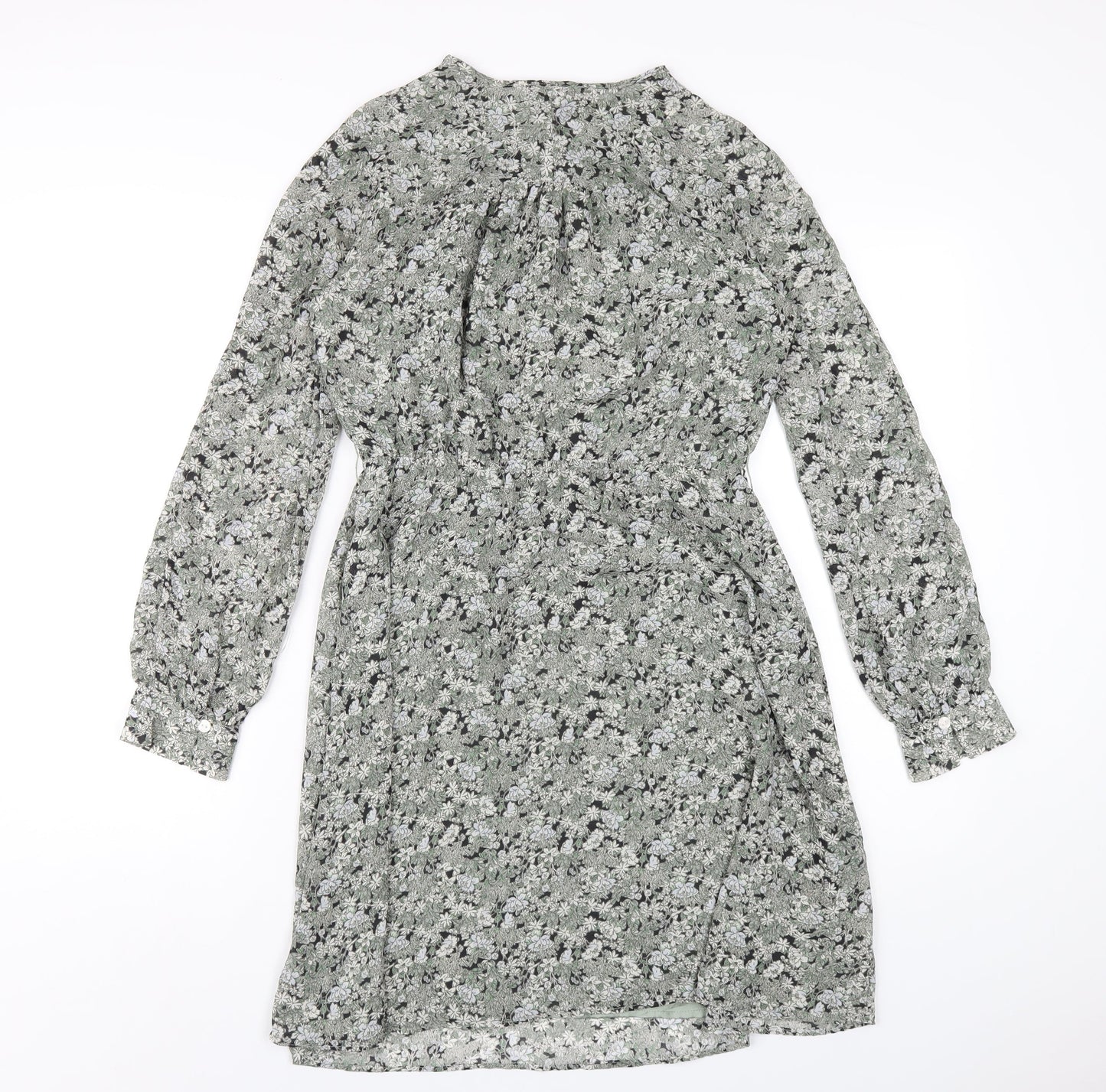 H&M Womens Green Floral Polyester A-Line Size S Round Neck Button