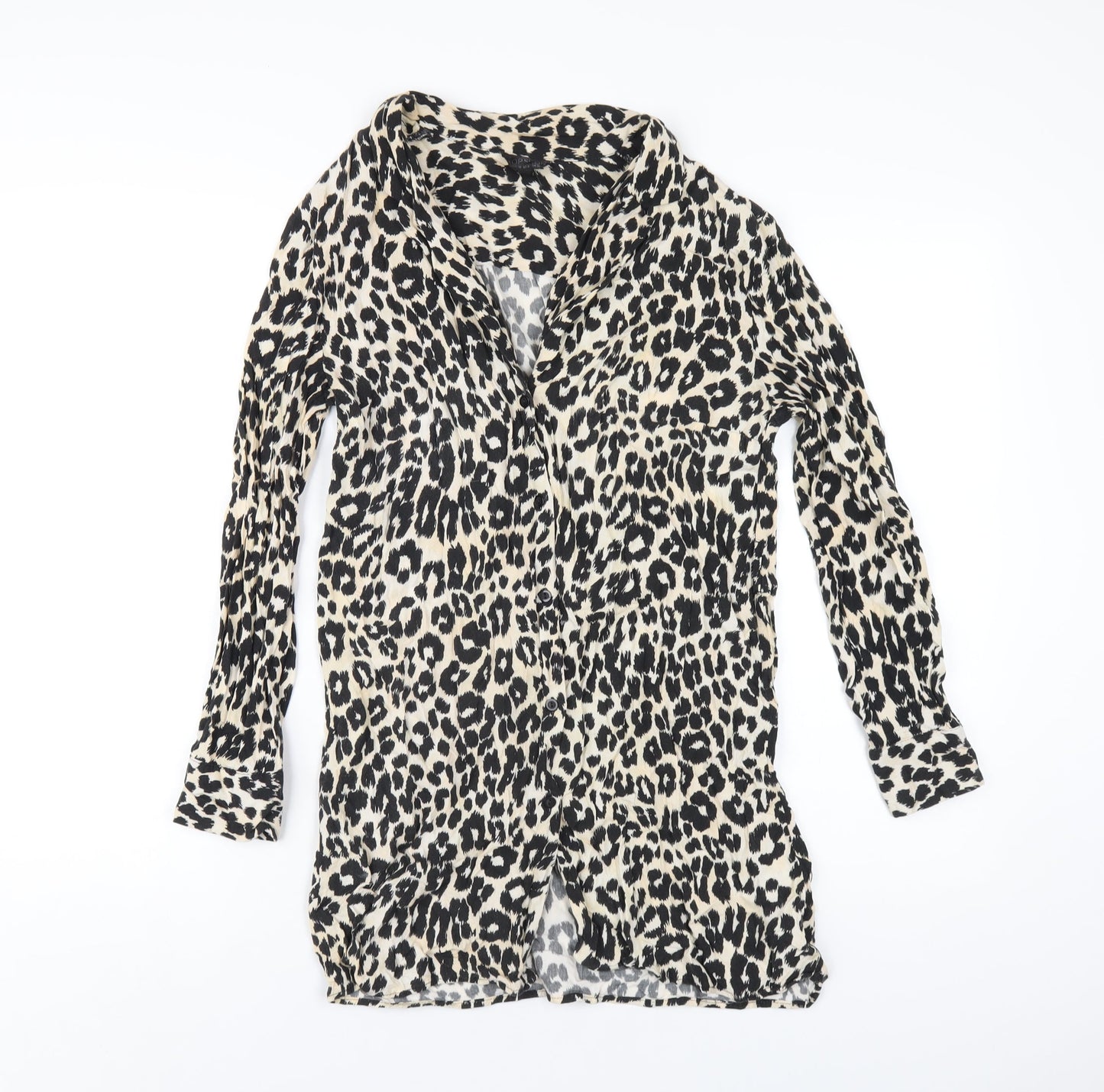 Topshop Womens Beige Animal Print Viscose Basic Button-Up Size 10 Collared