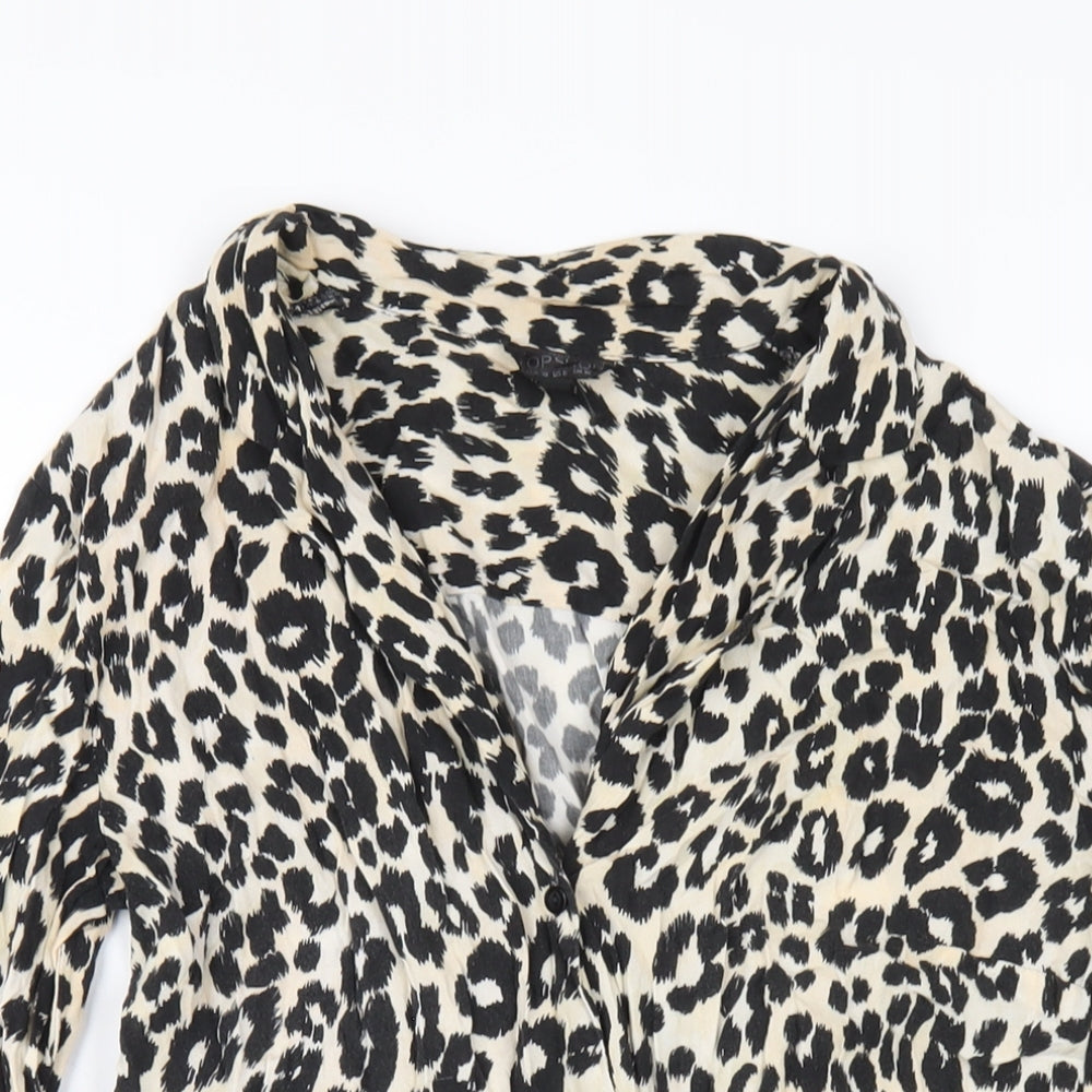 Topshop Womens Beige Animal Print Viscose Basic Button-Up Size 10 Collared