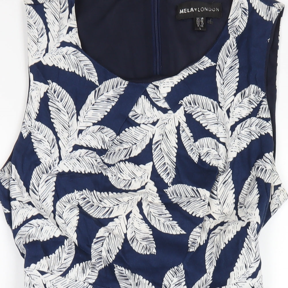 Mela London Womens Blue Geometric Cotton A-Line Size 14 Round Neck Zip
