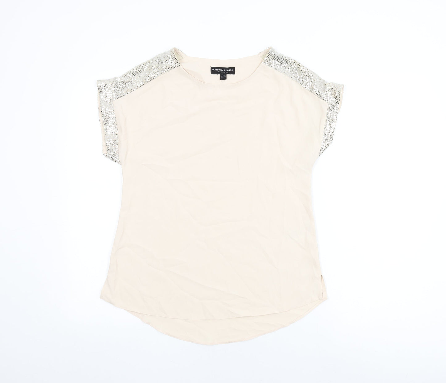 Dorothy Perkins Womens Beige Polyester Basic T-Shirt Size 8 Round Neck - Sparkle detail on sleeves