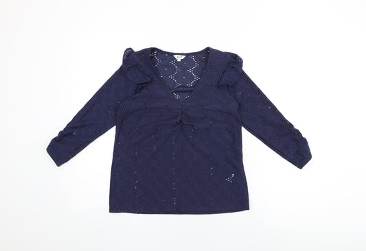 Khost Womens Blue Floral Polyester Basic T-Shirt Size 8 V-Neck