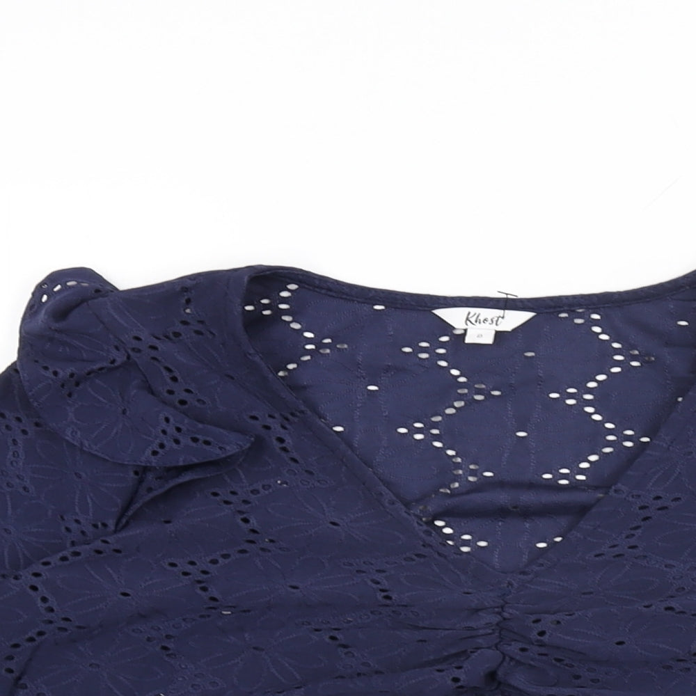 Khost Womens Blue Floral Polyester Basic T-Shirt Size 8 V-Neck