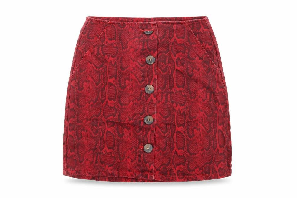 Front view of /Denim women’s red animal print cotton mini skirt, size UK 8, button