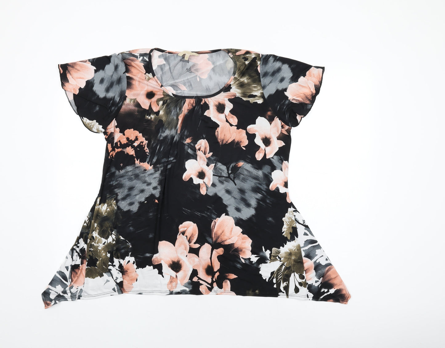 Vida Vi Womens Black Floral Polyester Basic T-Shirt Size 16 Round Neck