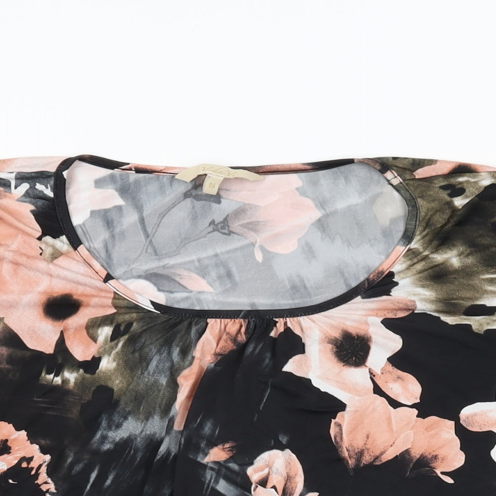 Vida Vi Womens Black Floral Polyester Basic T-Shirt Size 16 Round Neck