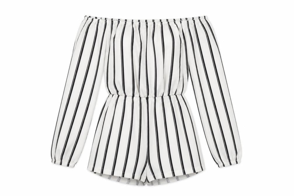 Front view of Missguided women’s ivory striped polyester playsuit one-piece, size UK 4, pullover