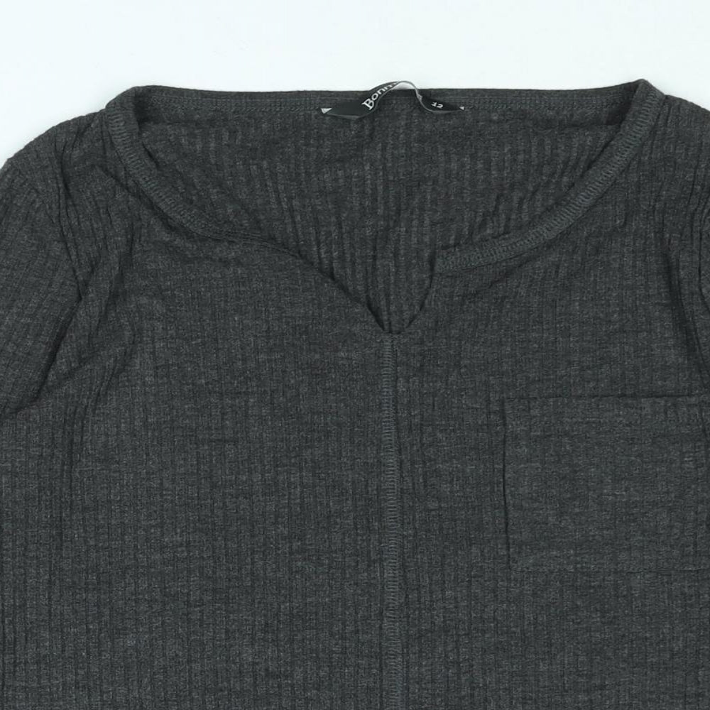 Bonmarché Womens Green Polyester Basic T-Shirt Size 12 V-Neck - Ribbed