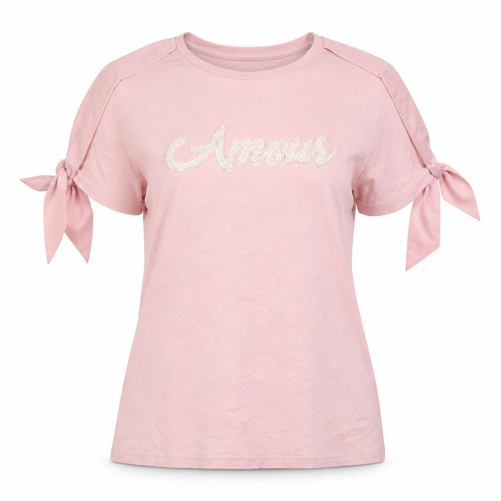 V code Womens Pink Cotton Basic T-Shirt Size L Boat Neck