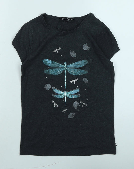 Fashion House Girls Blue Cotton Basic T-Shirt Size 14 Years Crew Neck