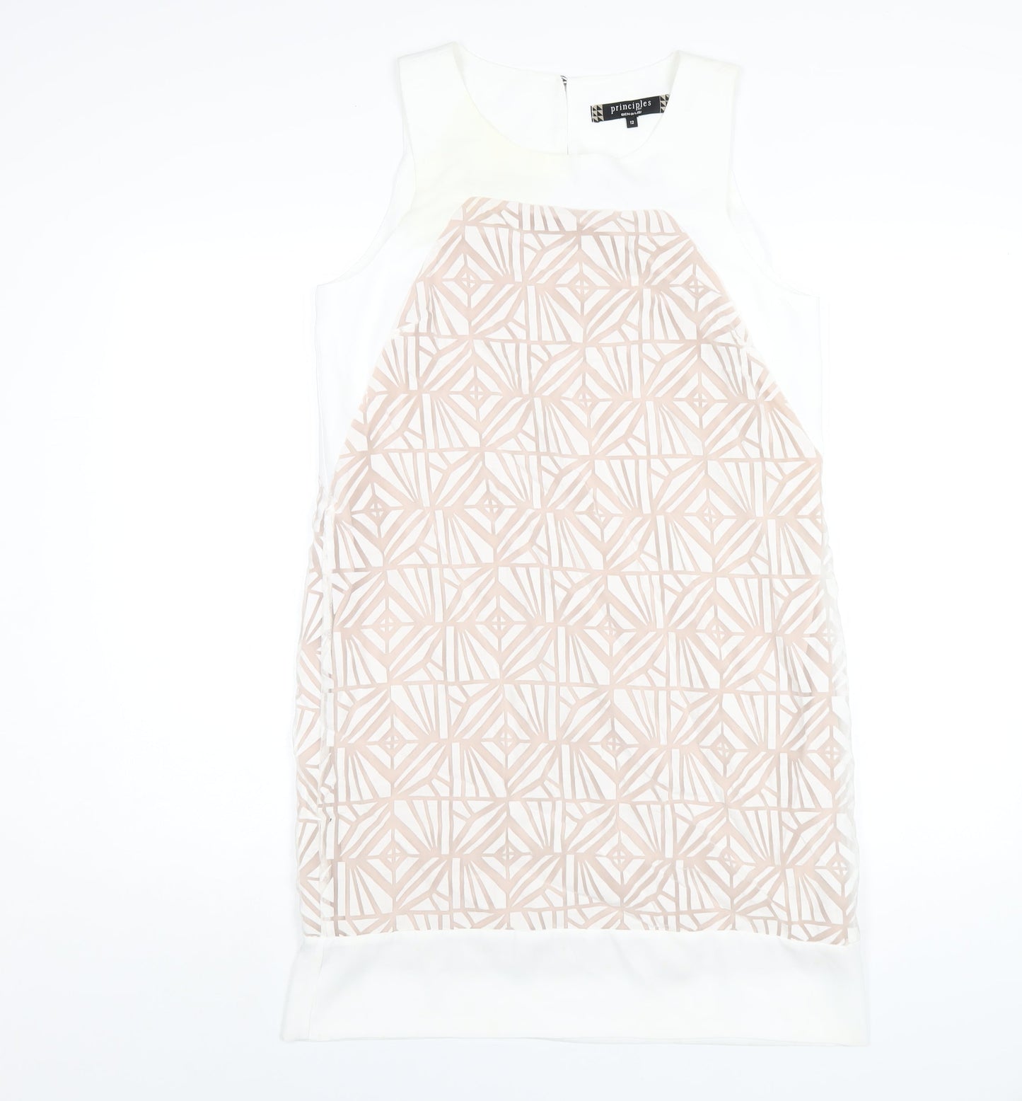 Principles Womens White Geometric Polyester A-Line Size 12 Round Neck Button