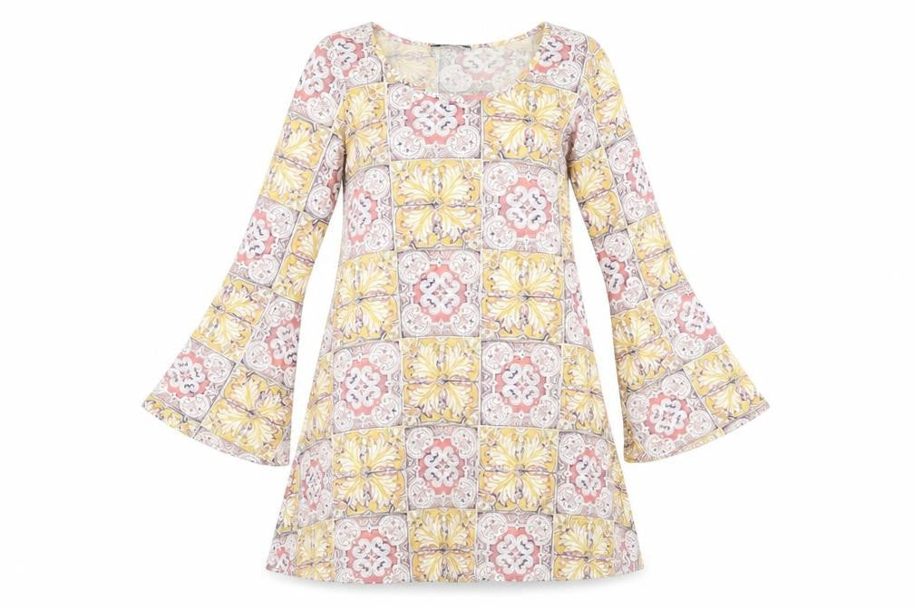 Front view of Missguided women’s multicoloured geometric viscose a-line, size UK 6, round neck pullover