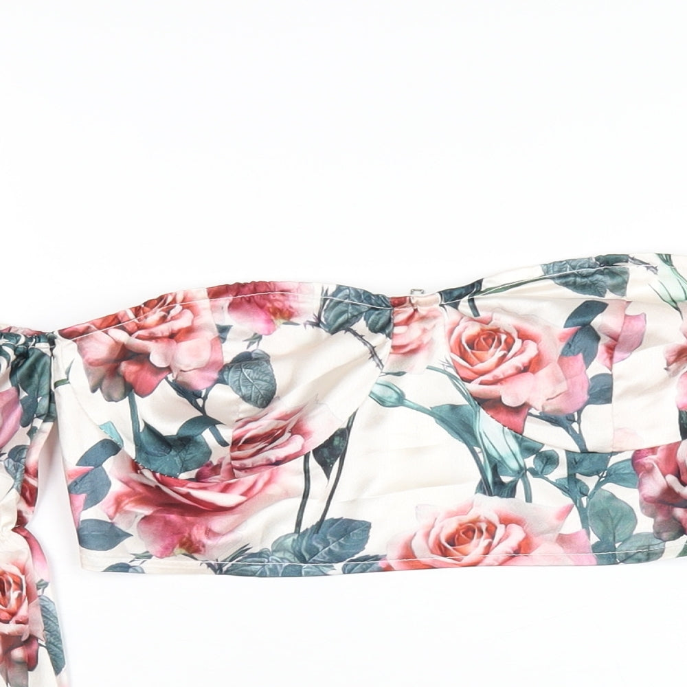 PRETTYLITTLETHING Womens Multicoloured Floral Polyester Cropped T-Shirt Size 4 Sweetheart