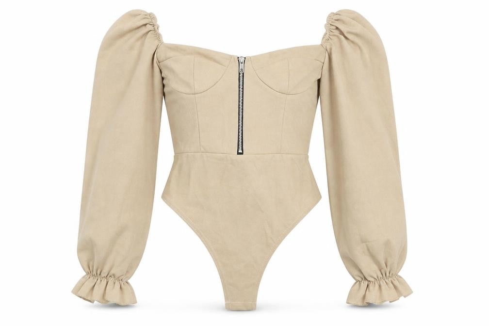 PRETTYLITTLETHING Womens Beige Polyester Bodysuit One-Piece Size 6 Snap - Balloon Sleeves
