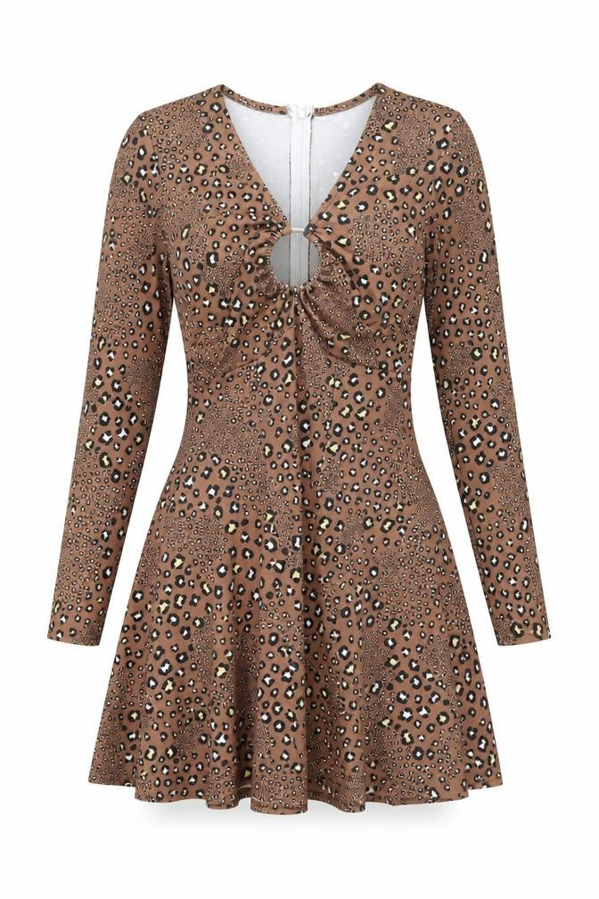 Zack Womens Brown Animal Print Polyester Skater Dress Size 10 V-Neck Zip