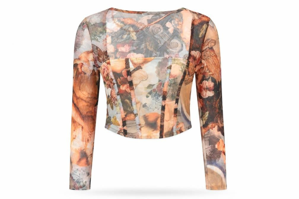 Bershka Womens Multicoloured Geometric Polyester Cropped T-Shirt Size XS Square Neck - Renaissance Print