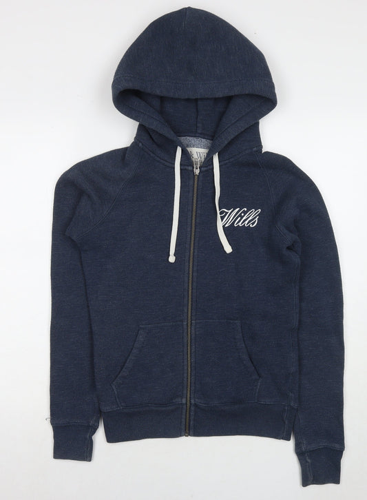 Jack Wills Womens Blue Cotton Full Zip Hoodie Size 8 Zip