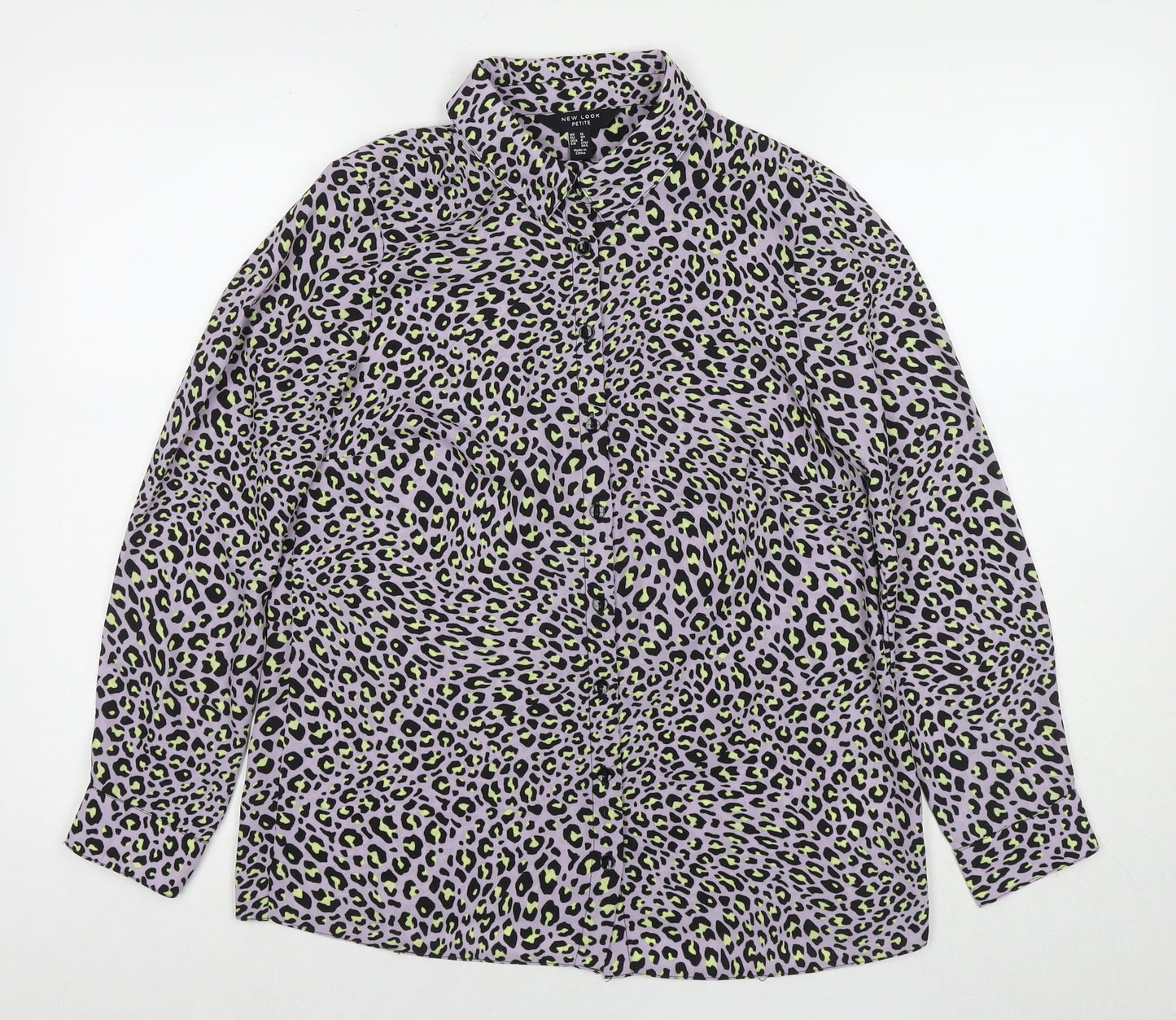 New Look Womens Purple Animal Print Polyester Basic Button-Up Size 12 Collared