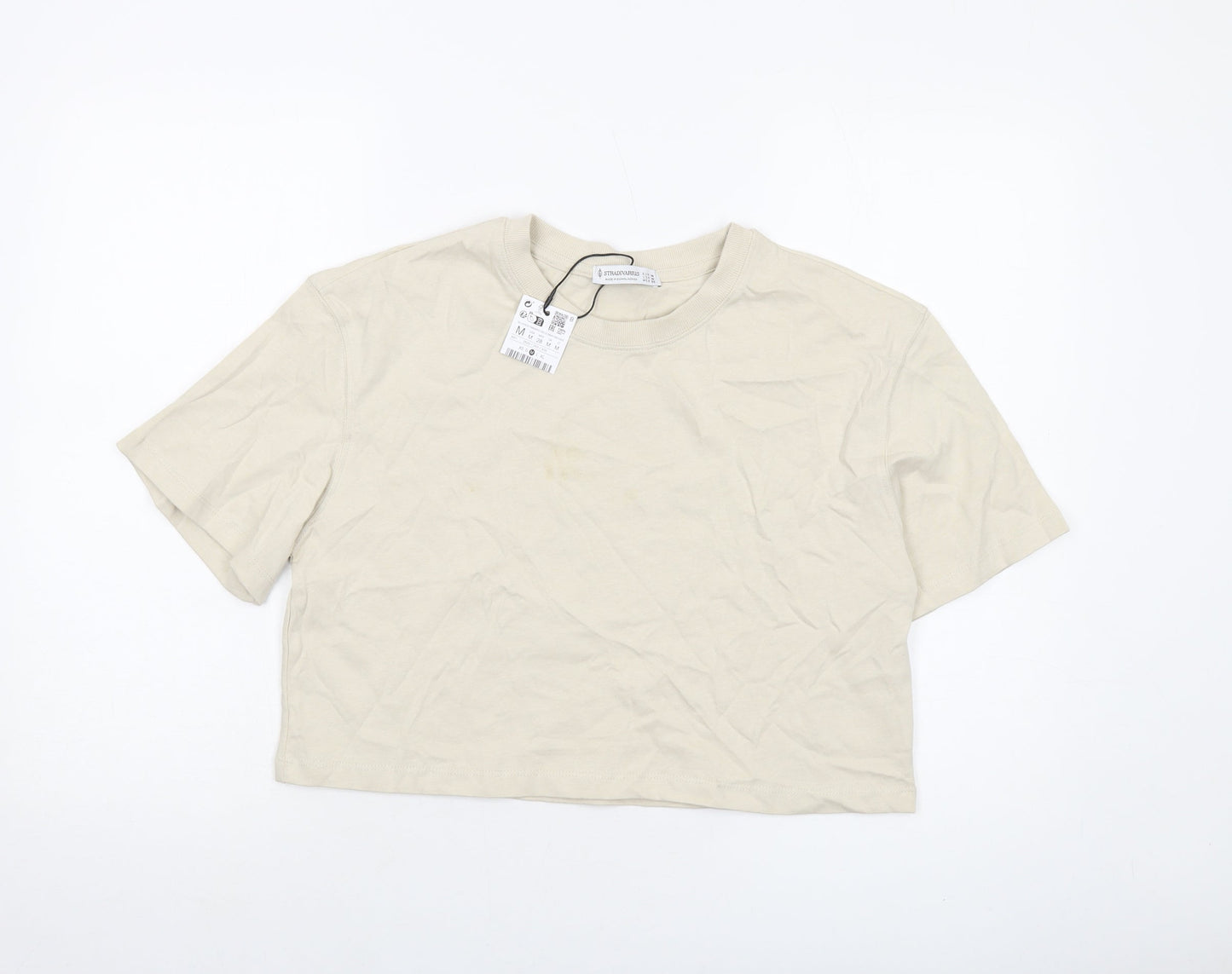Stradivarius Womens Beige Cotton Basic T-Shirt Size M Crew Neck