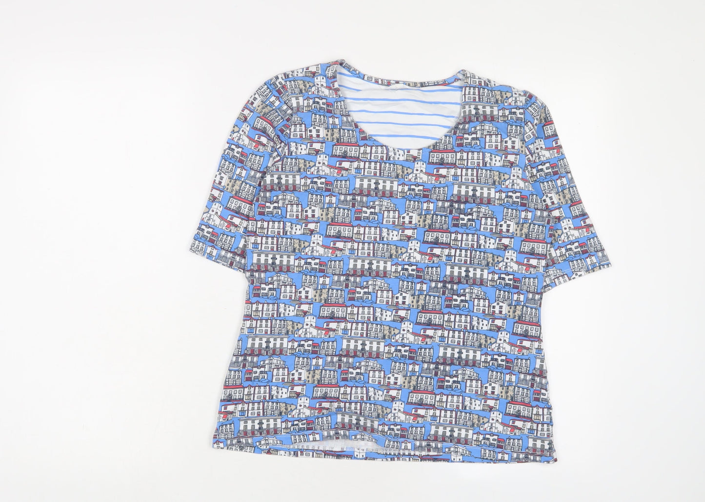 Tulchan Womens Blue Geometric Cotton Basic T-Shirt Size 12 Scoop Neck